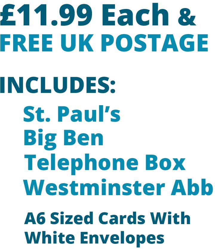 London Icons Singles - 4  Card Set £11.99 Includes St Pauls Cathederal, Big Ben, London Telephone Box, Westminster Abbey Cards